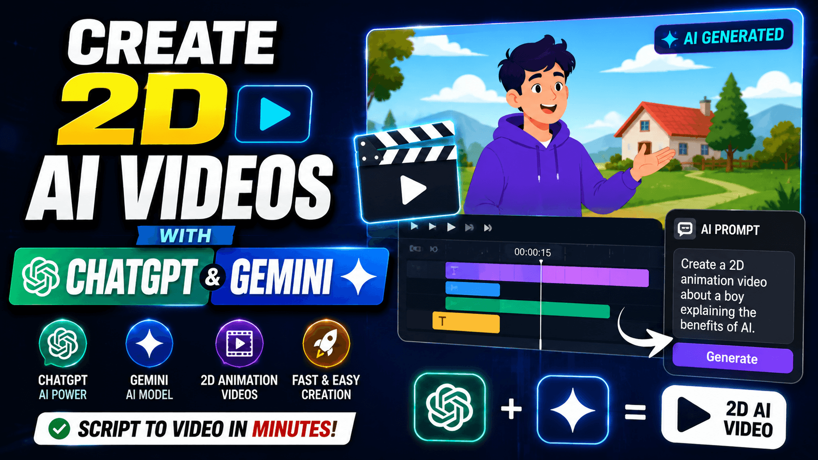 Create 2D AI Videos with ChatGPT & Gemini