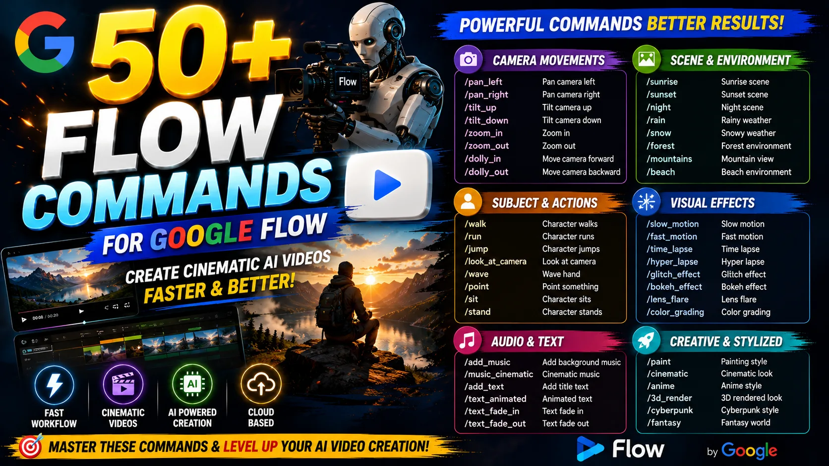 50+ Flow Commands for Google Flow